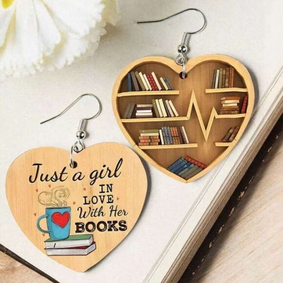 3for$20 Book & Slogan Graphic Heart Drop Earrings - Picture 1 of 4